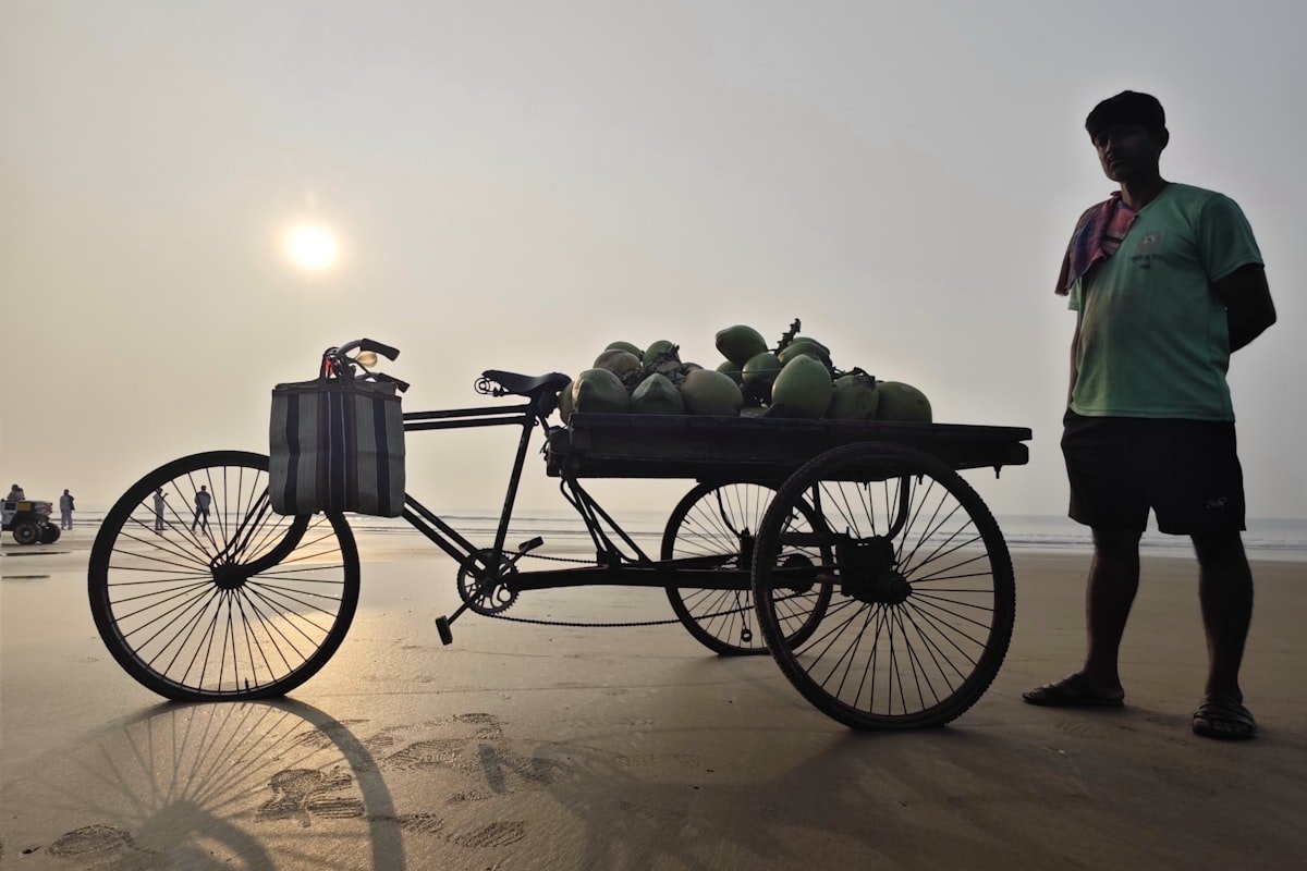 Coastal vendor selling fresh madafu coconuts on Kenyan beach